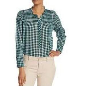 J. Crew‎ Gingham Pleated Bib Ruffle Trim Long Sleeve Blouse Green Size 4